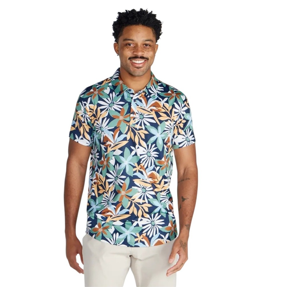 BYLT Large Premium Basics 19th Hole Polo Shirt Flora‎ Floral Print Blue Athletic